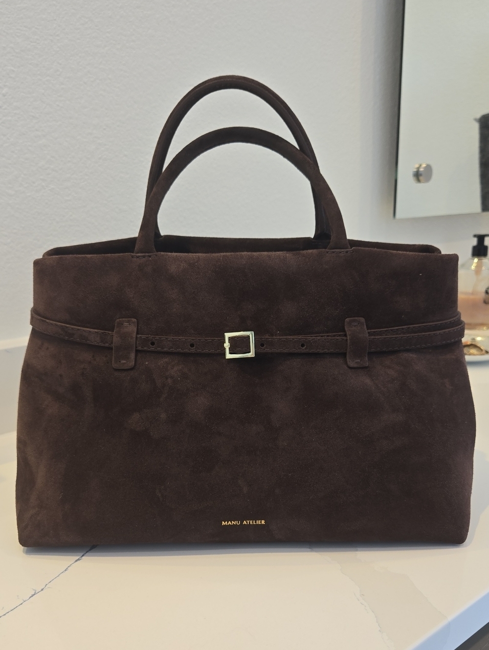 Manu Atelier Brown Suede Top-Handle Cambon Tote, GUC, IYKYK